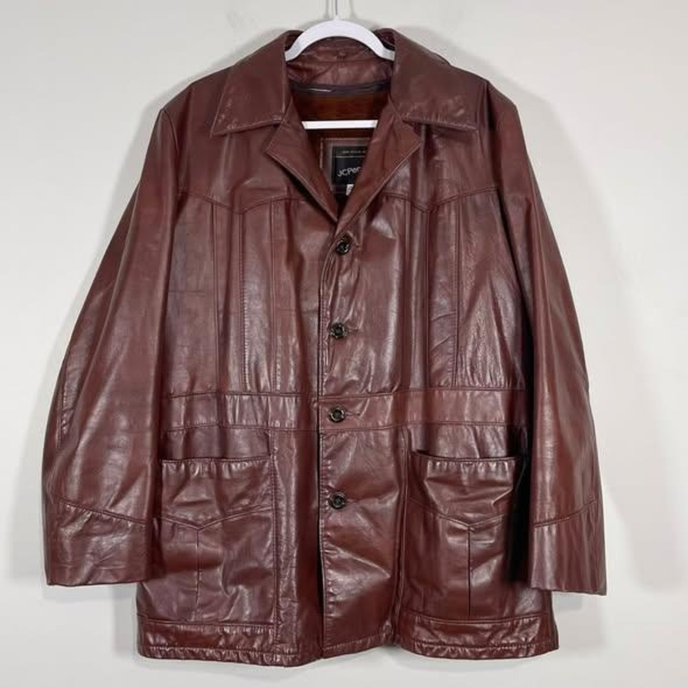 VTG JC Penny Leather Jacket Mens‎ 44 Brown Zip Out Faux Fur Lined 80s Retro